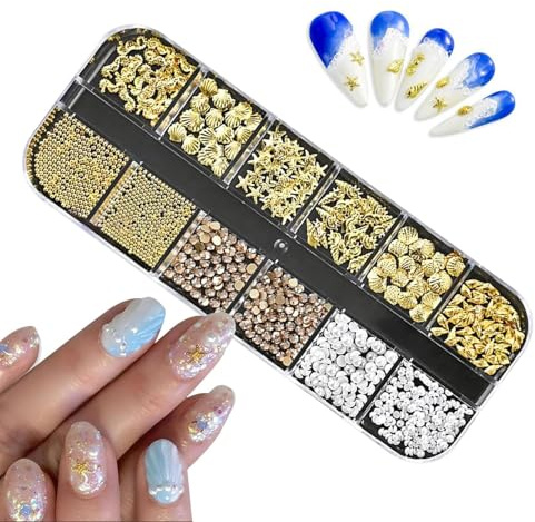 Charmes à ongles à thème en mer 3D - Nails Accessoires Art Rignestones, Accessoires de manucure colorés | Boîte de mer de la plage d'été de 12 grilles avec boîte de rangement, salon de voyage de décor
