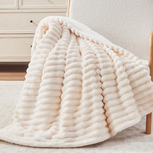 Vielit Sherpa Decke, Dicke Kuscheldecke Flauschig 150x200 cm XL, Extra Weich Cord Decke Beige Sofadecke überwurf, Große wohn- & kuscheldecken