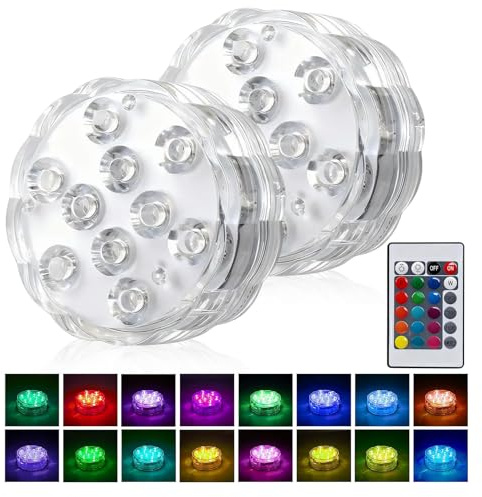 2 Pcs Submersible LED Lights Waterproof Underwater Lights RGB Multicolor Pond Lighting Set with Remote Control for Vase Base Spa Pool Hot Tub Bath Halloween Christmas Party