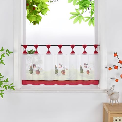 HeichkelL Scheibengardine mit Weihnachtsbaum Transparente Gardine Weihnachten Bistrogardine Kurzstores mit Stickerei Weiß HxB 45x90 cm