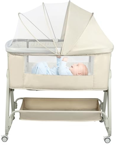 Kedia Babybetten mit Moskitonetz, Beistellbett mit Rollen, Reisebett Baby, Baby-Spielbett Höhenverstellbar, Tragbares Kinderreisebett (Gelb - A)