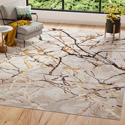 TAPISO Golden Teppich Wohnzimmer Kurzflor Schlafzimmer Luxuriös Creme Gold Braun Linien Abstrakt Meliert Verwischt Modern Design ÖKOTEX 300 x 400 cm