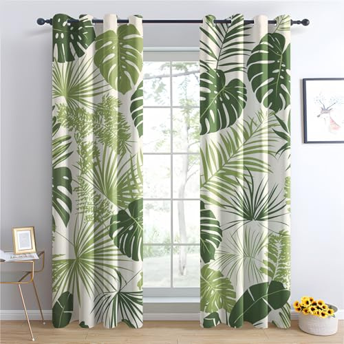 Tropische Blätter Vorhänge Palmblätter Monstera Grüne Blätter Vorhang Blickdicht mit Ösen, Verdunkelungsvorhang Gardinen Schlafzimmer Wohnzimmer Fenster Deko, Blackout Curtain 2er Set H 200 x B 140 cm
