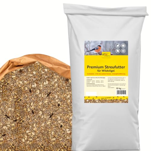 TOP-Futtermittel Premium Wildvogelfutter 10 kg | Schalenloses Vogelfutter | Ganzjahresfutter für Wildvögel | Energiereiche Mischung mit geschälten Sonnenblumenkernen, Erdnüssen & Haferflocken