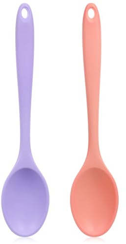 2 Pcs Silicone Mixing Spoons 21cm Nonstick Heat-Resistant Rubber Cooking Spoon Multi Function Kitchen Serving Spoon for Stirring Baking Eating Spaghetti Hot Chocolate, Dishwasher Safe(Pink Purple)
