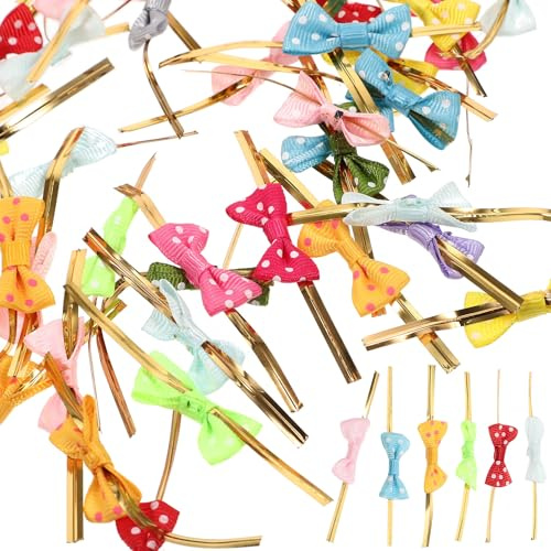LIGHTAOTAO Twist Ties mit Schleife 100 Stück Metallic 8cm Polyester Bindungen für Partybeutel und Geschenkverpackung Wiederverwendbar Zufällige Farbe