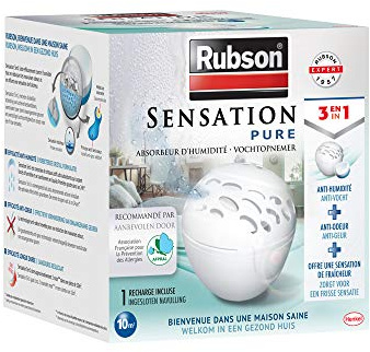 Rubson Sensation Pure | Absorbeur d'humidité pour petites pièces de 10 m² (1 appareil + 1 recharge parfum neutre) – Déshumidificateur anti-humidité et anti-odeur