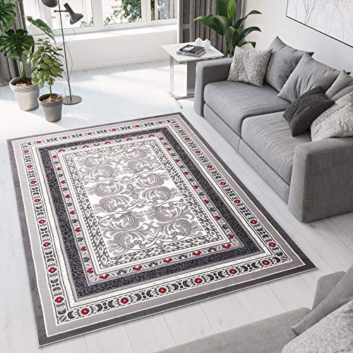 TAPISO Dream Teppich Wohnzimmer Kurzflor Grau Creme Rot Floral Ornament Orient Bordüre Klassisch Oriental Schlafzimmer ÖKOTEX 80 x 150 cm