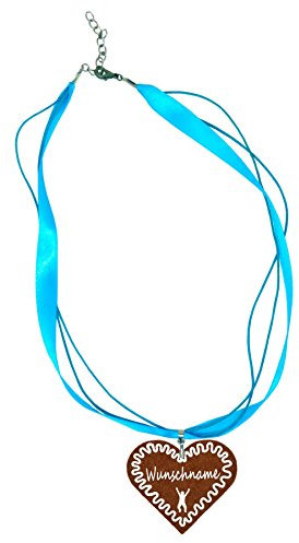 Trachtenschmuck Trachtenkette Organzaband hellblau mit Filz Herz * Damen Dirndlkette, Organzakette Oktoberfest Wunschaufdruck (Herz - braun)