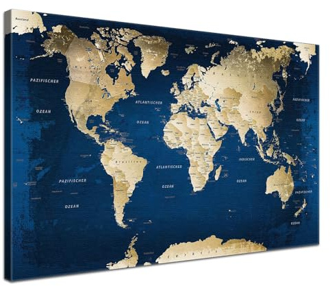 Stilvolle Pinnwand Weltkarte - Ocean - Deutsch in 80 x 60 cm, stabile Rückwand zum Pinnen inkl. Starterkit - Leinwand-Kunstdruck Wandbild Landkarte XXL