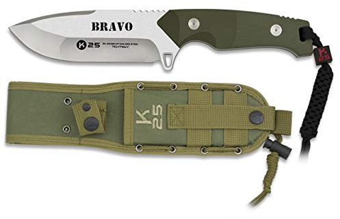 Cuchillo K25 Bravo cachas Verde 12,5 cm para Caza, Pesca, Camping, Outdoor, Supervivencia y Bushcraft K25 32260 + Portabotellas de regalo