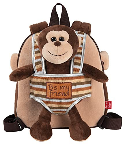 PERLETTI Mochila Infantil Pequeña de Monito de Peluche - Bolso para Niños Niñas 3 4 5 Años con Muñeco Extraíble para Escuela Guarderia Viaje - Bolsa Escolar Reversible - 22x25x3 cm (Mono)