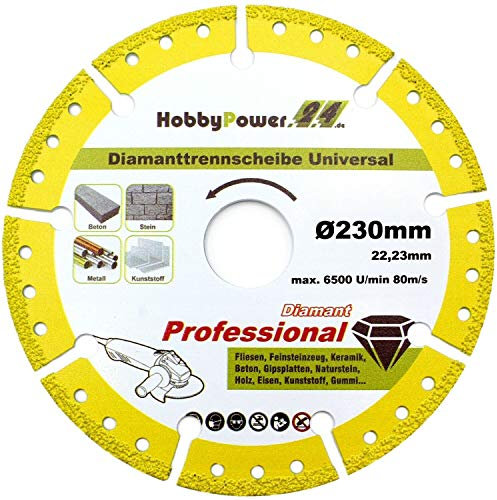 Disco da taglio diamantato per smerigliatrice angolare Flex Ø 230 mm x 22,23 mm adatto per cemento, tegole, pietra naturale, mattoni, metallo, lamiera, legno, plastica