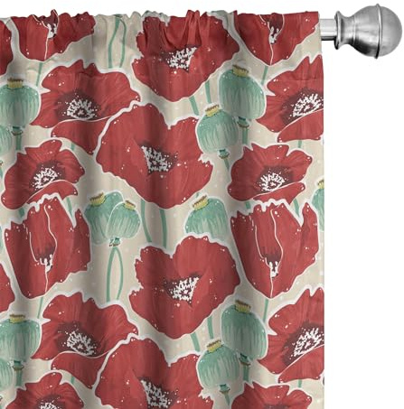 Ambesonne Poppy Flower Curtains, Spring Garden Pattern with Red Blossoms Capsules and Little Dots, Window Treatments 2 Panel Set for Living Room Bedroom, Pair of - 28 x 84, Mint Green