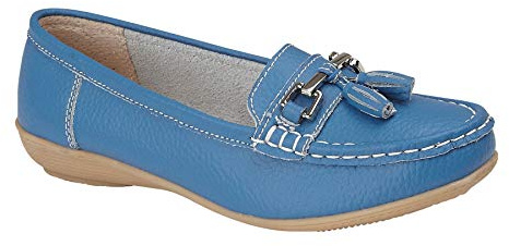 Jo & Joe Nautical Ladies Leather Loafer Shoes, Tassel Flat, Women's Size 7.5-8, Flexible Rubber Grip Sole, Round Toe, Pull-On, 1 inches Heel, Cold Lining, Solid, Low Top, Comfort Wear, Party