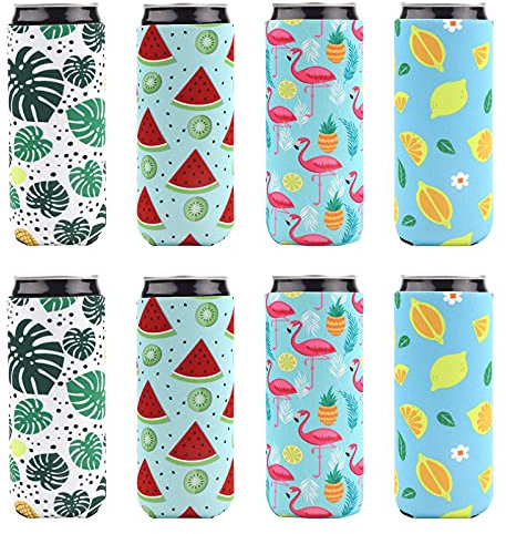 Paquete de 8 mangas de neopreno para bebidas, manga de taza de café con piña Flamingo limón patrón de palma - aislado bebida manga cerveza enfriador para fiesta hawaiana