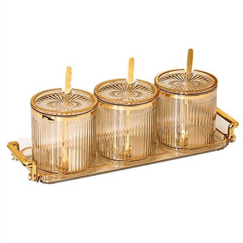 Acrylic Condiment Spice Jars,Condiment Spice Box With Lids and Spoons and Tray,Clear Plastic Sugar Salt Canisters,Seasoning Box 3 Pack,Seasoning Box Set for Kitchen to Storage Salt,Paprika,Sugar