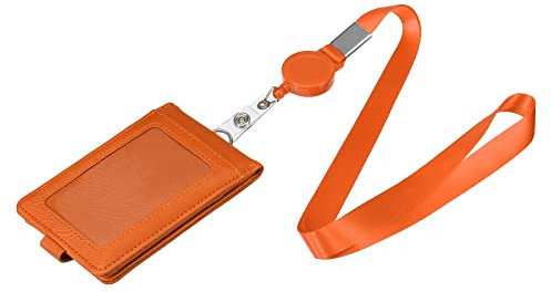 sourcing map ID Ausweishalter mit Einziehbarem Reel Lanyard PU Leder Vertikale Kartenfächer Fenster Ersatz für Büro Orange