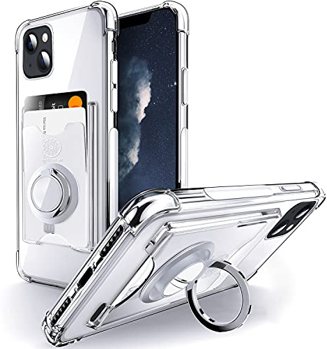 SHIELDS UP for iPhone 14 Case with Card Holder & Ring Kickstand. | Wallet Minimalist Case,Transparent Slim Shockproof TPU Bumper Cover for iPhone 146.1''- Clear