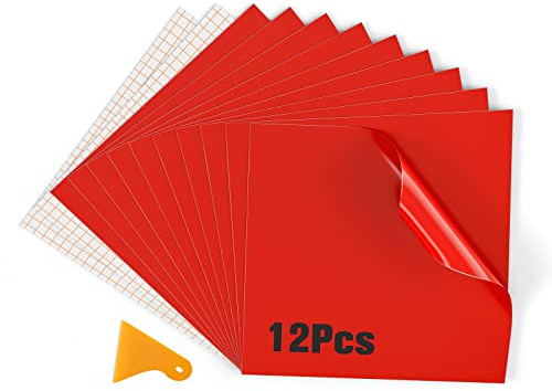 Asoway Vinylfolie Plotter Selbstklebend 12 Stück, Permanente Plotterfolie Vinyl 30.5 x 30.5cm, 10 Stück Vinylfilme mit 2 Transferfolie Plotter für DIY Basteln, Tassen und Glas (Rot)