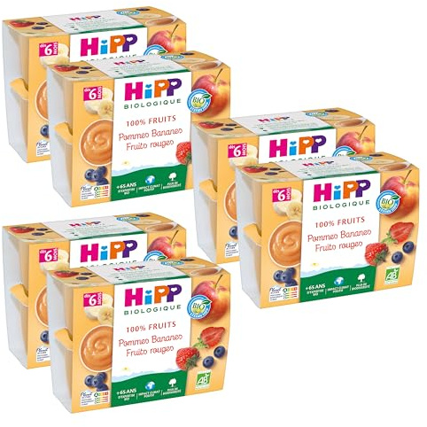 HiPP - 100% Fruits - Pommes Bananes Fruits Rouges - Coupelles 4 x 100 g - Lot de 6- BIOLOGIQUE