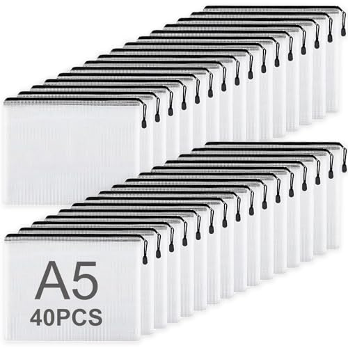 ASelected 40 Stücke Dokumententasche A5 Reißverschluss, Mesh Kunststoff Reißverschlusstasche Schwarz, Datei Taschen mit Reißverschluss A5 Zipper Taschen für Datei,Dokumente,Hausaufgaben,Reisezubehör…
