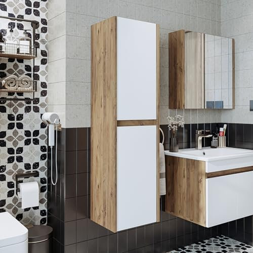 ROOMART • Set di Mobili da Bagno Atlantic • 4 Pezzi • Armadio Alto da 100 cm Con Lavabo in Ceramica • Armadio a Specchio • Mobile Alto (Rovere Bianco)