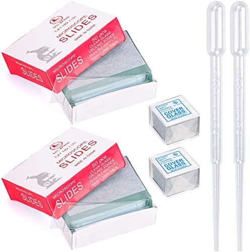 HATANSE 100 Stück 76x26mm Vorgereinigte Mikroskop Objektträger und 200 Stück 20x20mm Deckgläser Microscope Slides Mikroskop Zubehör mit 4 Tropfer