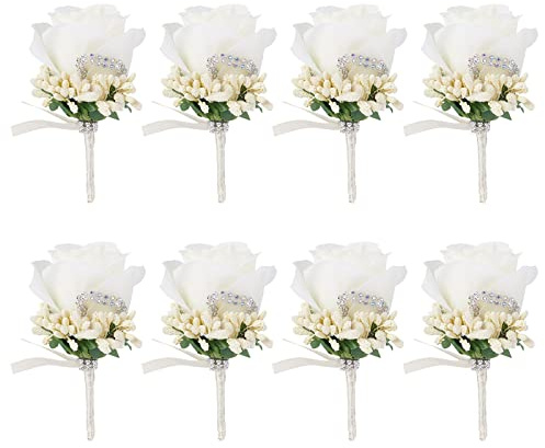 craspire Ansteckblume Für Männer, Hochzeit, Ansteckblume, 8er-Set, Weiße Rose, Ansteckblume Für Bräutigam, Mit Strass, Für Bräutigam Und Trauzeuge, Für Hochzeit, Abschlussball, Jubiläum