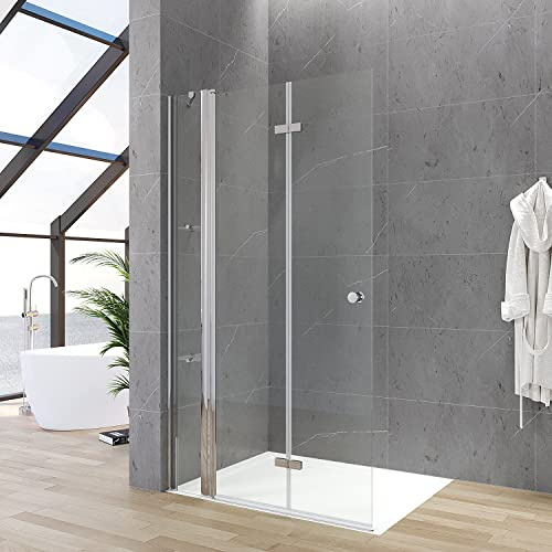Walk-in Duschabtrennung Dusche Duschwand Faltbar Walk in Duschglas Duschglaswand 90x187 cm Faltbar Klarglas Hebe- und Senk Mechanismus mit Duschablage Festteil