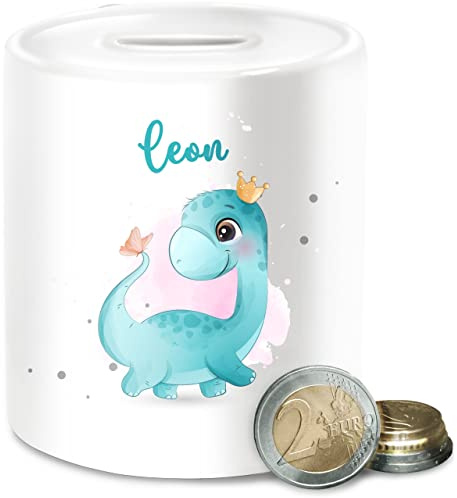 Spardose - Dinosaurier personalisiert mit Name I Geschenk Dinos I Saurier I Dinosaurier I Urzeittier I Dino - Unisize - Weiß - personalisierte sparbüchse Junge Tier Tiere Keramik kindersparbüchse