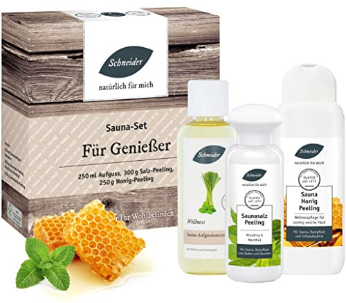 Saunabedarf Schneider - Sauna-Set für Genießer - 250 ml Aufguss, 300 g Saunasalz, 250 g Sauna-Honig - wohltuender Mix