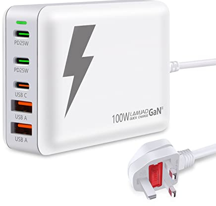 LAMJAD 100W USB C Charger,5-Port PD PPS GaN III Fast Charger[3 USB-C + 3 USB],USB C Power Adapter for iPhone 15/14/13, iPad Pro, Galaxy S22/S21,Note 20/10+(White)