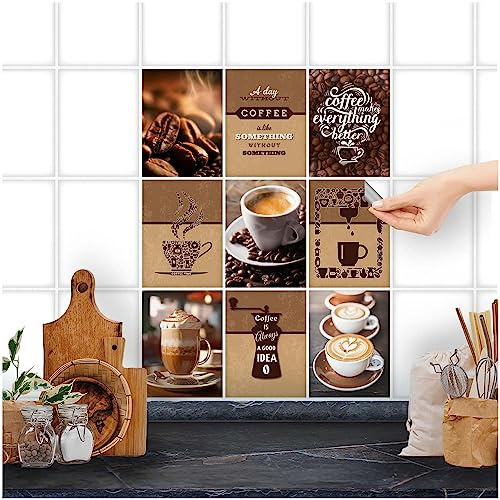FoLIESEN Adhesivo para azulejos para baño, cocina, cuarto de baño, autoadhesivo, lámina decorativa, collage de café, 15 x 20 cm, 9 piezas