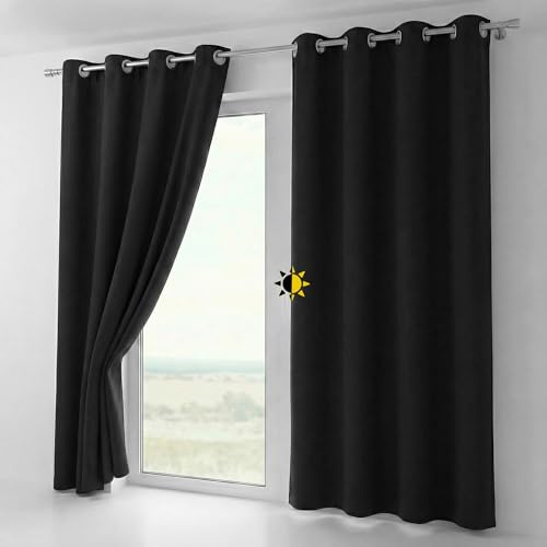 BEAUTEX Verdunkelungsgardine mit Ösen, Blackout Ösenschal Blickdicht abdunkelnd, Größe und Farbe wählbar (Breite: 140 cm, Höhe: 245 cm, Schwarz) | Blackout, lichtmindernd, wärmeisolierend, schalldämmend, pflegeleicht, waschbar, viele Farben und Größen wählbar