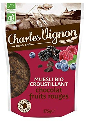 Charles Vignon Muesli Bio Croustillant Chocolat Fruits Rouges - 375g, Petit Déjeuner Sain et Gourmand d'Epicerie Diététique et Nutrition - Le Lot De 3