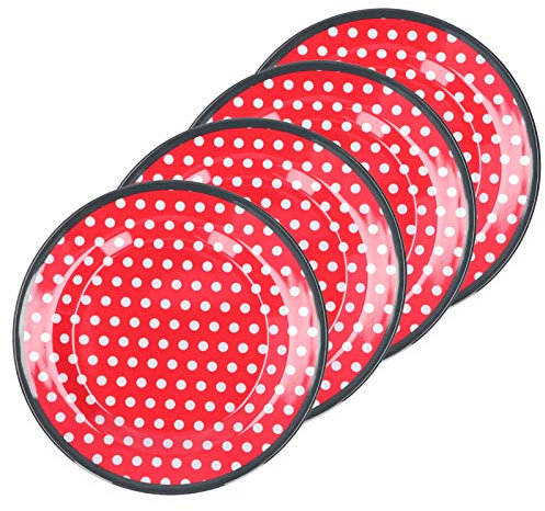 ZPSHYD Plato de Porcelana de imitación de 9 Pulgadas, Exquisito Juego de Platos Redondos Rojos de 4 Piezas con Puntos Blancos, liviano y Duradero, Adecuado para restaurantes y familias