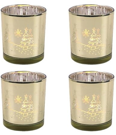 Hiseng Teelichthalter Glas 4er-Set Gold Kerzenhalter Votivkerzenhalter Teelichtgläser Kerzenleuchter Teelichter Dekoration für Weihnachten Tischdeko, Hochzeit, Party (Weihnachtsbaum)