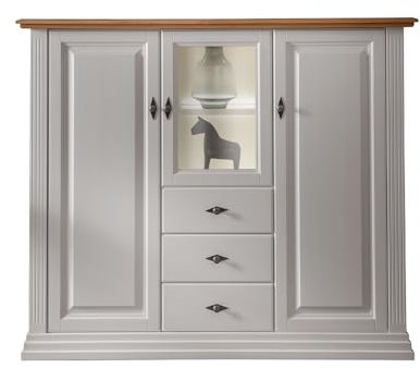 Lomadox Highboard Vitrinenschrank inkl. Beleuchtung, Kiefer weiß mit Eiche, Massivholz, montiert