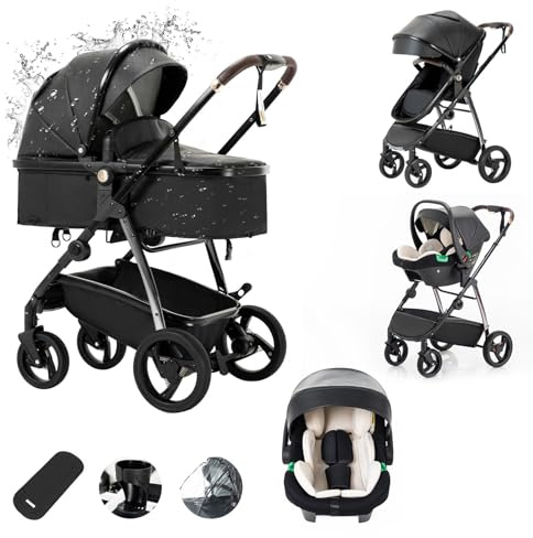 Zkiprm 3-in-1-Kinderwagen, 3-in-1-Reisesystem mit Autositz, mit Regenschutz, Aluminiumrahmen, Stadtwagen, faltbar, mit einer Hand, für Kinder von 0-4 Jahren, Schwarz