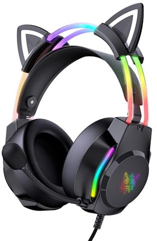 ONITOON Gaming Headset with Microphone, Cat Ears Headphones for PC/PS4/PS5/XBOX/Switch, RGB Backlight & Virtual Surround Sound, Lightweight Over Ear Headphones with Auto-Adjustable Headband