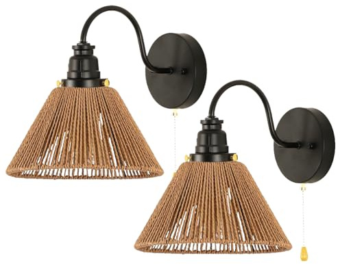 EcoGehen 2X Rattan Lantern Wall Sconces Wicker Lamp with Pull Chain Switch Hand Woven Rattan Shade Bohemian Light Farmhouse Rustic Boho Home Decor Mounted Lighting for Kitchen Living Room Bedroom
