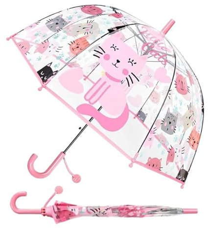 Barnparaply med kupoltak – lätt söt rolig design, vind- och regnskydd, paraply i klockform transparent – presenter till barn, Rosa katt, S