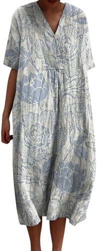 Muslinklänning dam V-ringad 3/4-ärm sommarklänning avslappnad klänning lång skjorta klänning lång blus sommarskjorta strandklänning lös tunika klänningar blus klänning tunika boho-klänning dam blommig