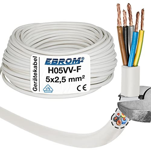 10 Meter - EBROM - H05VV-F 5x2,5 mm² PVC Schlauchleitung, weiß - Gerätekabel, flexible Leitung 5G2,5 mm2 Kunststoffschlauchleitung, Kabel für Haushaltsgeräte, Stromleitung Anschlusskabel Elektroherd