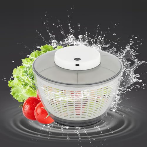 JUDEMII Essoreuse à salade électrique de 4,3 l - Blanc gris - Déshydratation en 10 secondes - Sèche-salade automatique - Rechargeable par USB - Essoreuse à salade électrique - Ustensile de cuisine