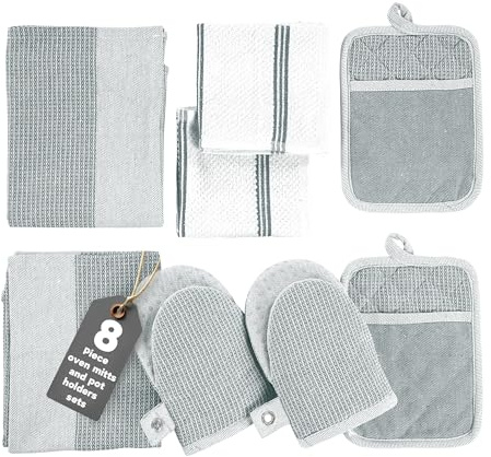 Casa Platino 8-Piece Mini Oven Mitt & Pot Holder Set – 500°F Heat Resistant with Silicone Grip, Includes 2 Kitchen Towels & 2 Dish Cloths for Drying – Non-Slip, Durable, Machine Washable – Grey
