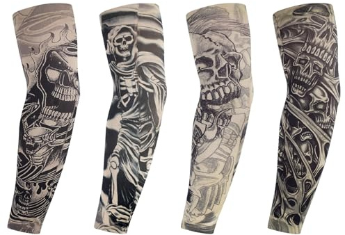 4 Stück Tattoo Ärmel Set Gefälschte Sonnencreme Armlinge,Tattoo Ärmel Tattoo Armstrumpf für Männer Frauen Nylon Temporäre Tätowierung Tattoo Strumpf Arm für Halloween Basketball Radfahren