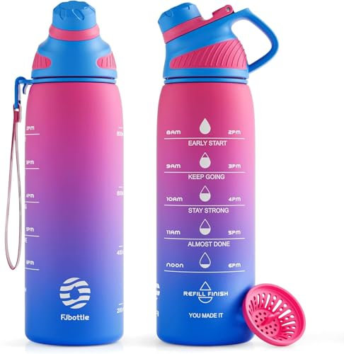 Fjbottle Trinkflasche 1L/710ML + Sieb – Sport Wasserflasche mit Zeitmarkierung/Magnetdeckel - BPA-frei Plastik Flasche für Fitness, Schule, Yoga, Outdoor