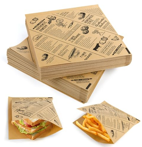 150 Pièces Sacs hamburgers en papier Emballage Alimentaire,papier burger,sac à hamburger, sac à sandwich, pour sandwich burger frites (15x15cm)